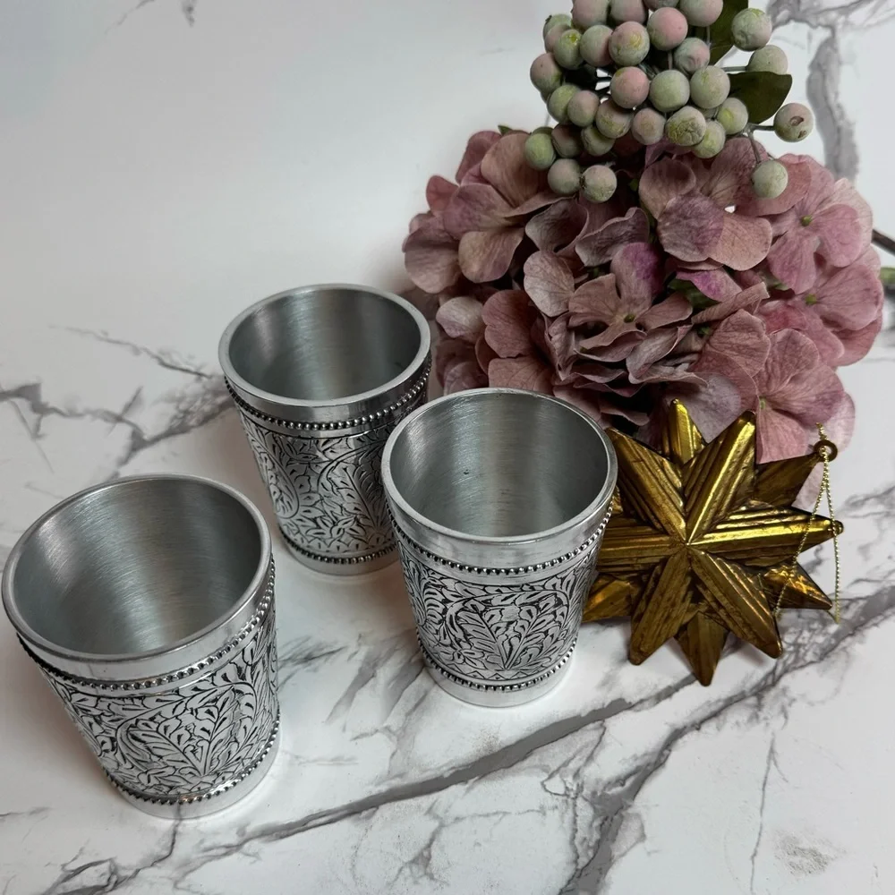 Pottery Barn Pewter Embossed Votive Candle Holders - vintage English cottage